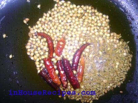 Add the dry Red Chilies, Cumin Seeds and Coriander  Seeds